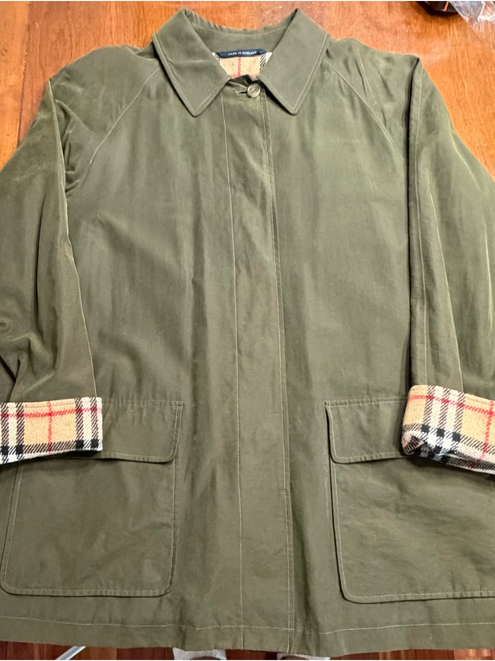 Burberry Olive Trench Coat with Signature Plaid Cuffs
